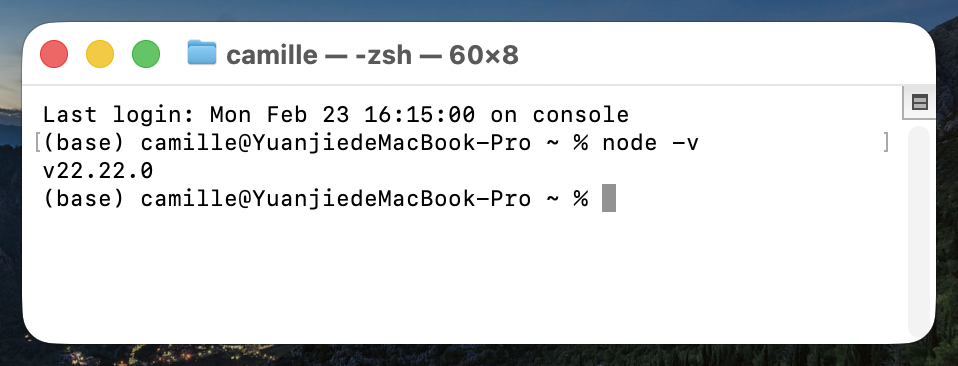 终端显示 node -v 和 npm -v 输出版本号的截图