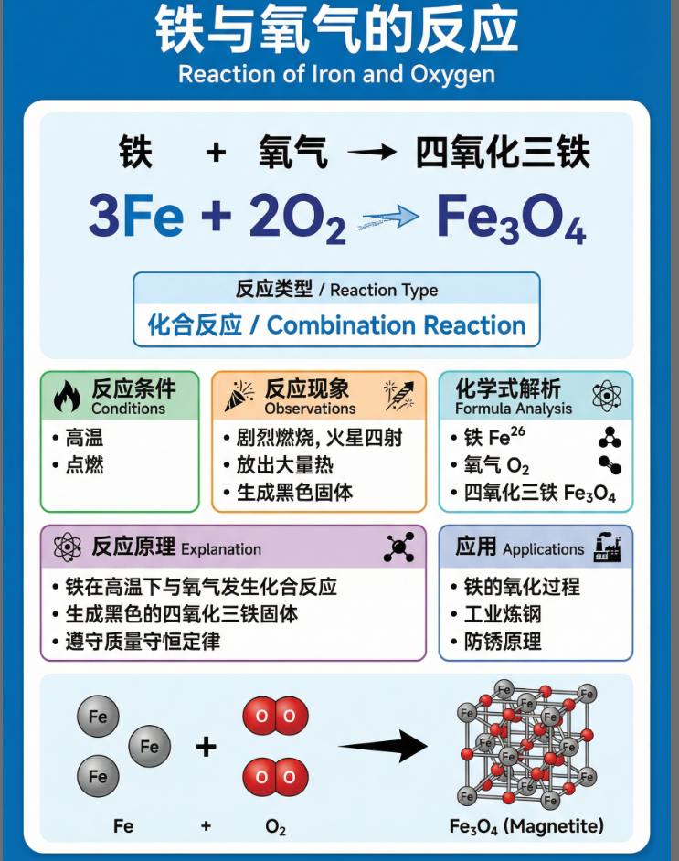 铁与氧气反应生成四氧化三铁的化学反应过程