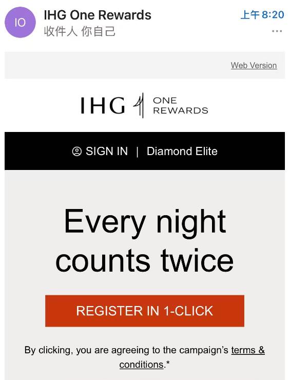 IHG洲际酒店双倍房晚与10晚直升钻卡定向奖励攻略