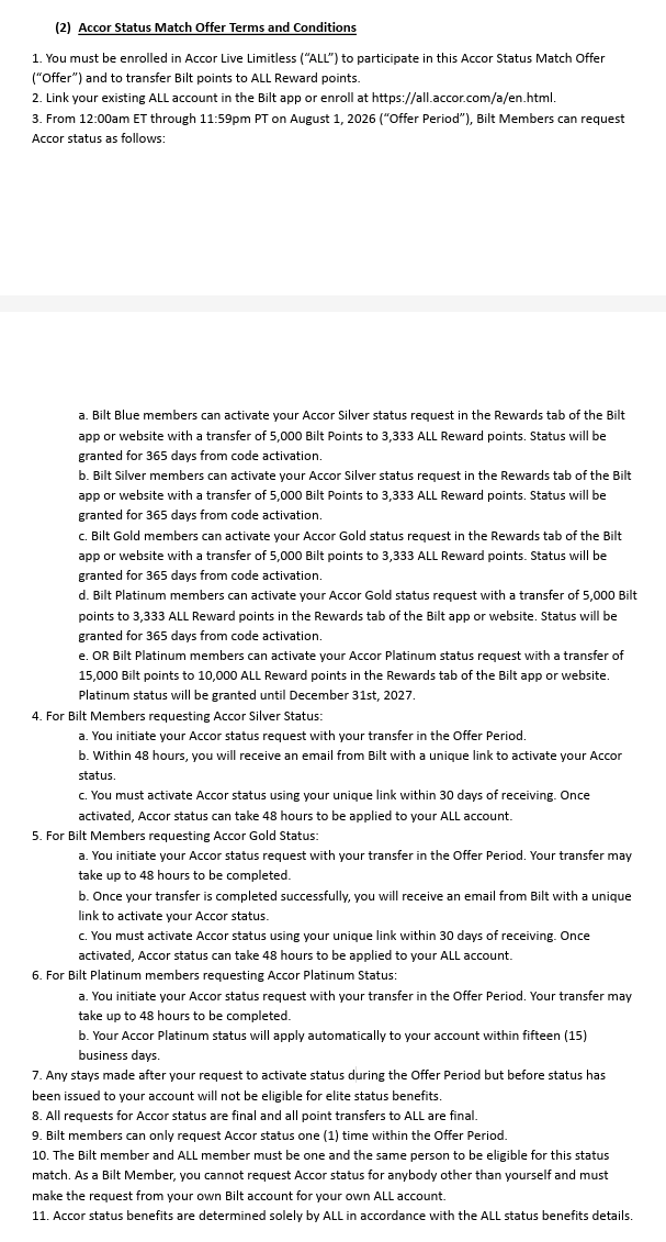 Bilt租客日8月1日转点直通雅高白金卡 有效期至2027年底享行政酒廊套房升级