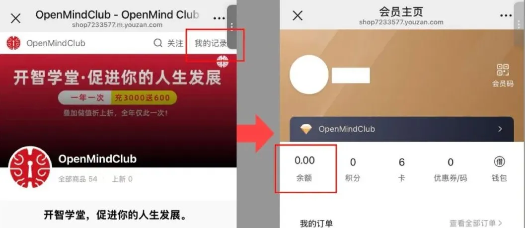 有赞商城首页点「我的记录」，在会员主页查看「余额」