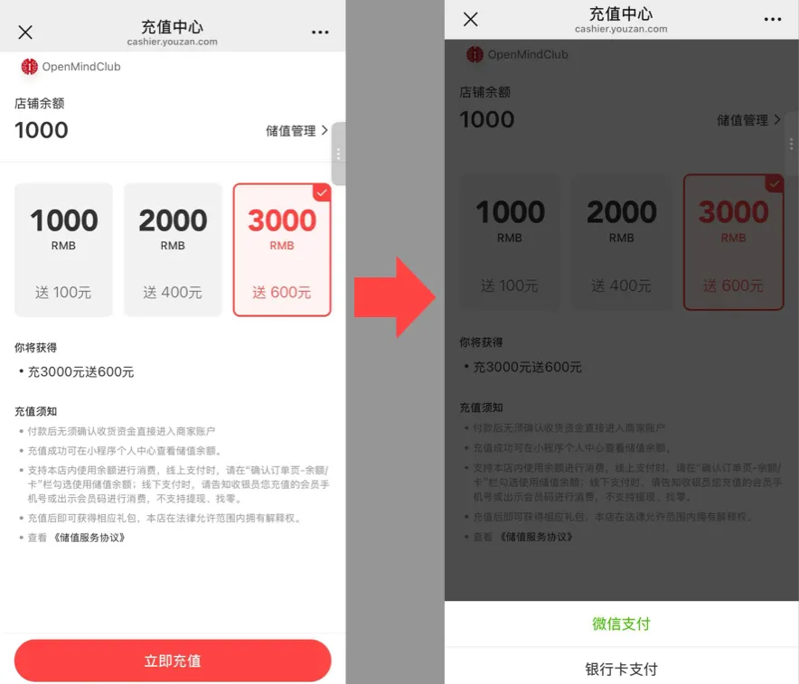 有赞充值中心：选择 1000 / 2000 / 3000 档位，点「立即充值」，选择微信支付