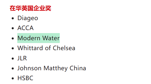 Modern Water 荣获2026年中英商业大奖提名