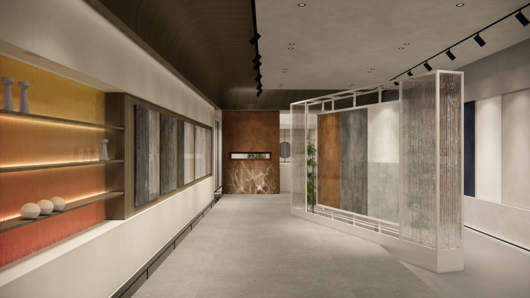鹰牌2086终端展厅在瓷砖产品的基础上加入硅藻泥科技墙板,hpl石晶地板