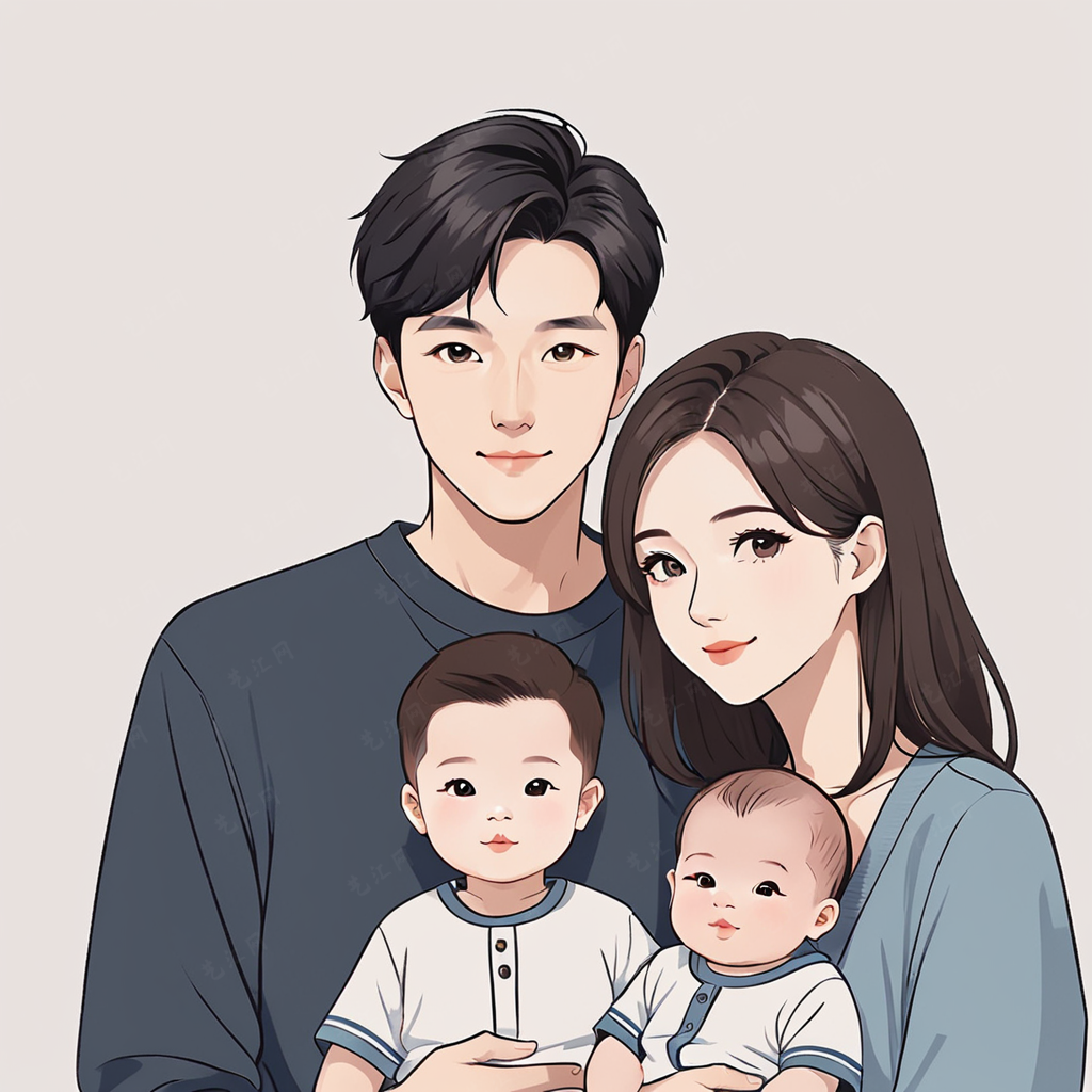 亲子头像|一家四口的美好瞬间手绘卡通创意头像