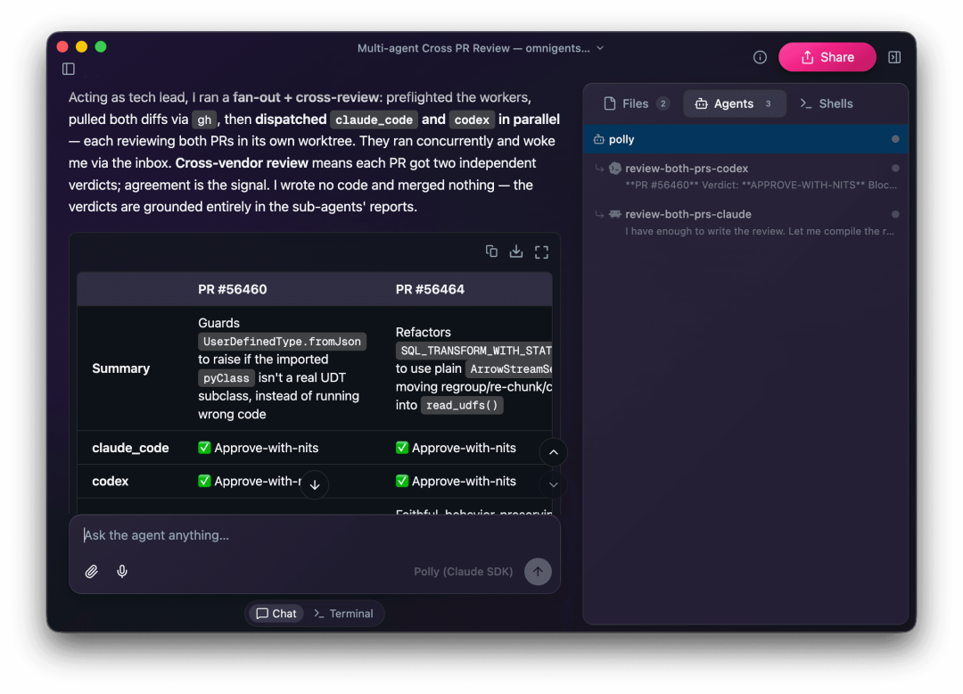 Omnigent web UI showing Debby coordinating parallel agents to compare Montreal and New York bagels.