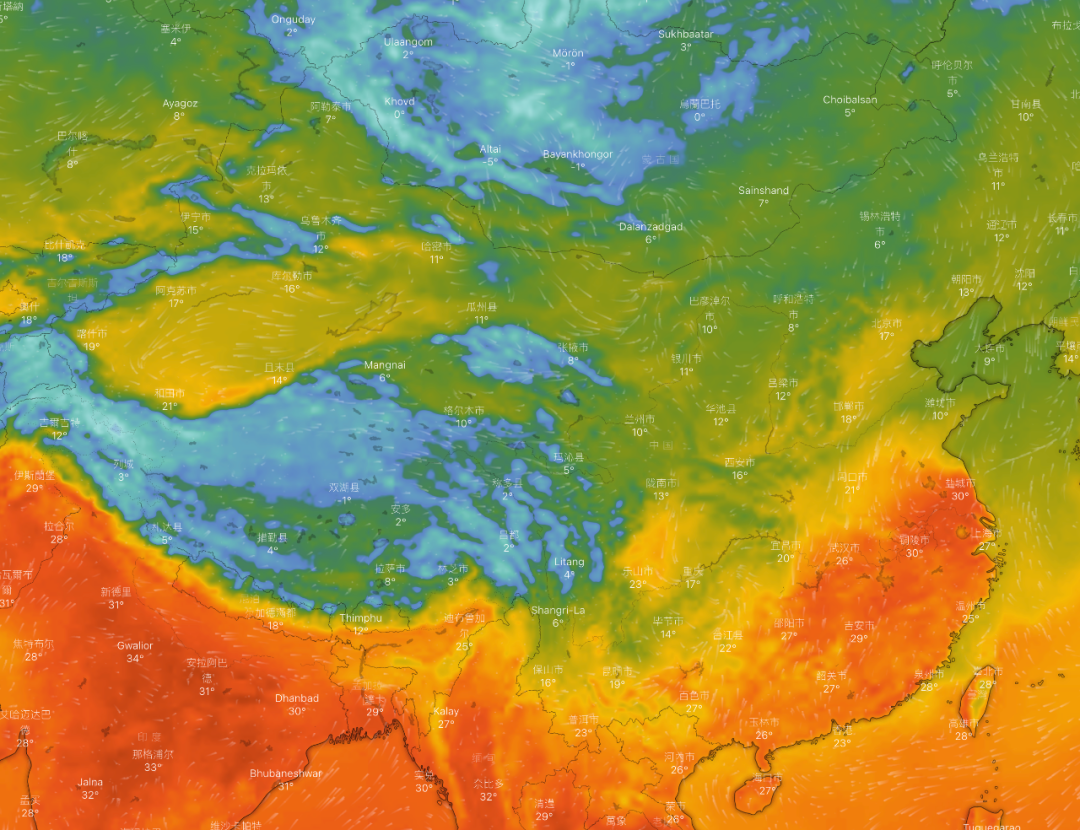 实时温度。华东华南都不太适合人类居住