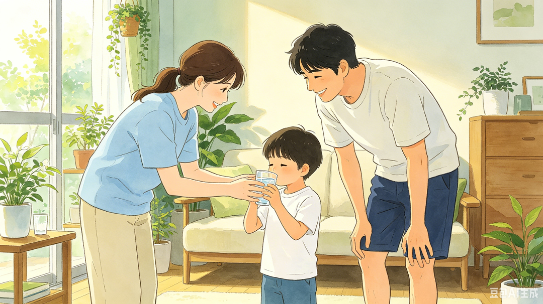 父母劝孩子多喝水漫画.png