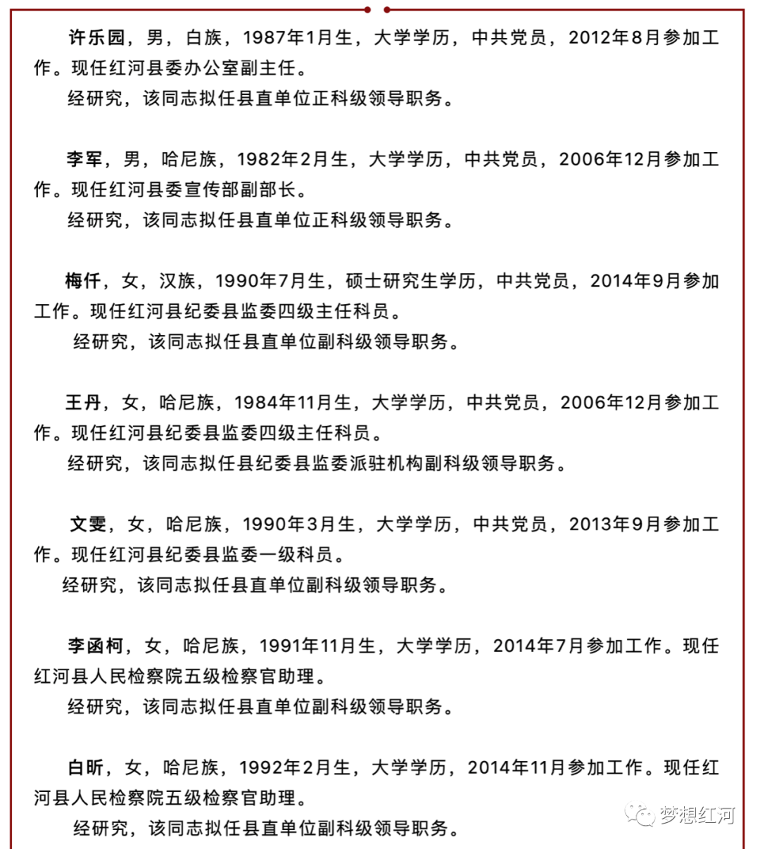 中共红河县委组织部县管干部任前公示公告红组干任公示2020第2号