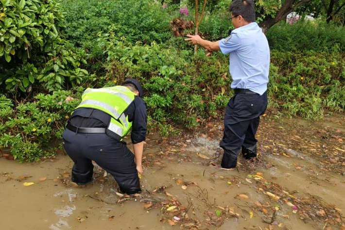 马关县公安局交管大队民警清理杂物，疏通排水管道，确保车道正常通行。（1）.png