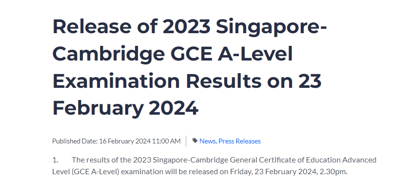 新加坡GCE A-Levels成绩将于2月23日公布
