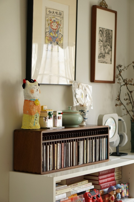 Vinyl Story CD Storage ： Solid Wood Organizer with Push Eject