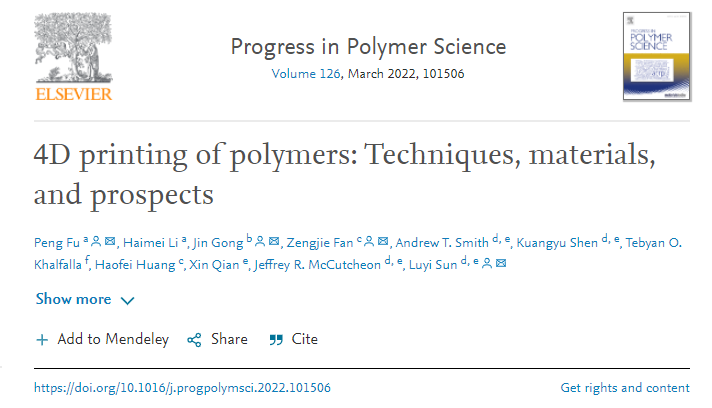 康涅狄格大学孙陆逸教授和合作者《Prog. Polym. Sci.》综述：高分子材料4D打印 - 技术、材料与展望的图1