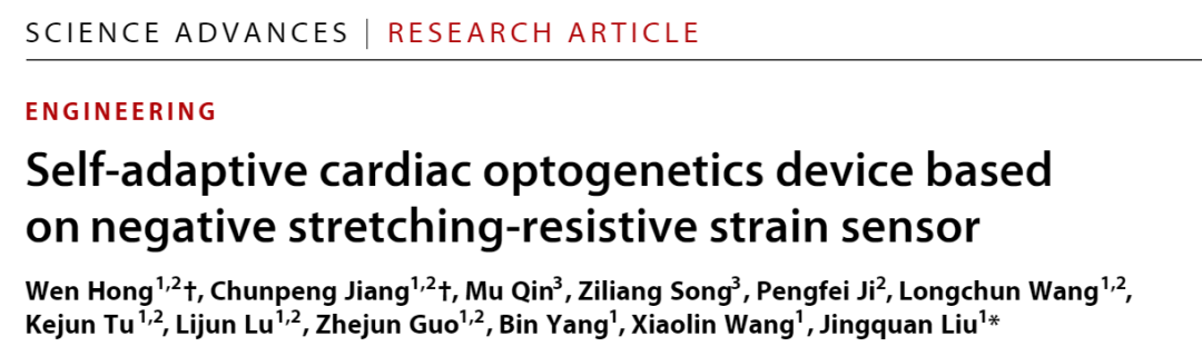 上海交大劉景全教授團隊《Sci. Adv.》論文：基于負拉阻應變傳感器的自適應心臟光遺傳器件的圖1