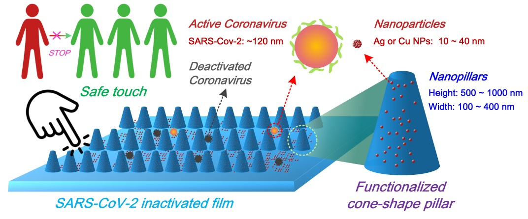 都柏林大学张楠、苏大周宇阳《Nano Letters》：多级复合纳米结构纳米材料高效抗新冠高分子薄膜的图1