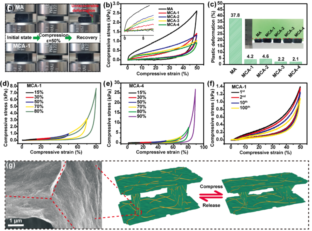 北化大于中振教授和张好斌教授团队ACS AMI： 轻质、超弹性多功能MXene/CNT气凝胶用于高效电磁屏蔽的图3