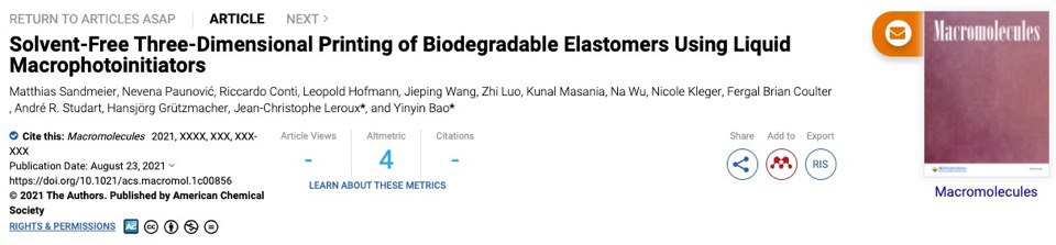 蘇黎世理工Leroux教授與鮑寅寅研究員課題組：利用液態大分子光引發劑實現生物可降解彈性體的無溶劑3D打印的圖1