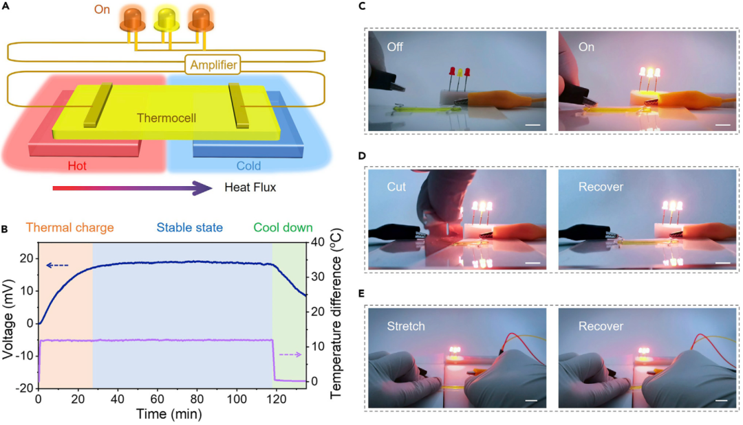 东华大学武培怡教授课题组Joule：高功率密度和高强韧力学性能的离子热电池的图6