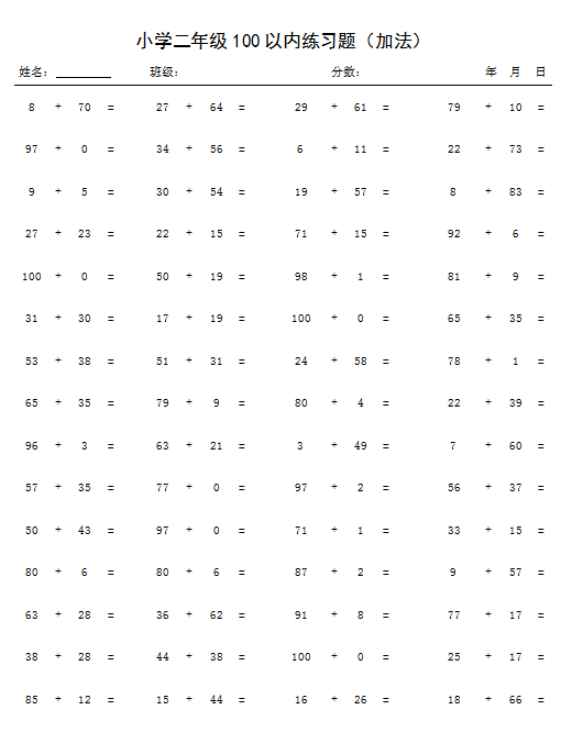 二年级上册数学100以内加法练习题 免费下载 二年级数学题 微信公众号文章阅读 Wemp