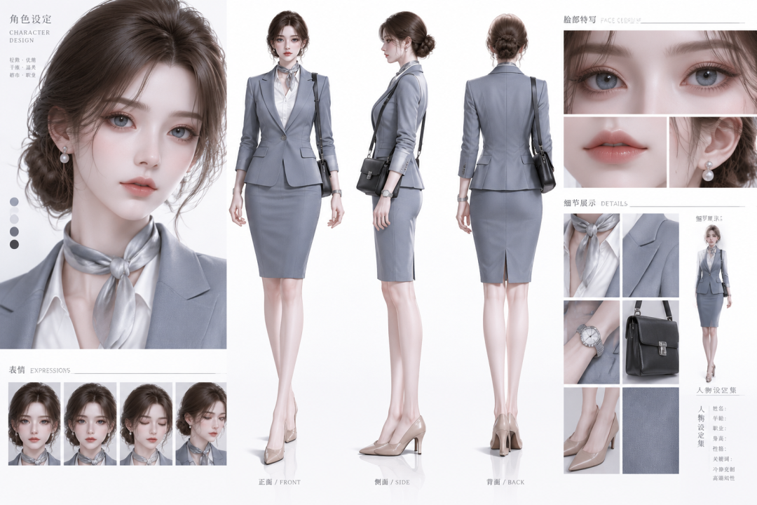 雾灰蓝·云端空乘款——轻熟女性OC角色设定三视图 效果图样例