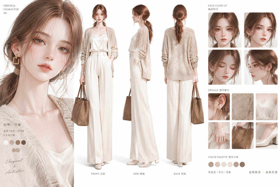 燕麦驼·画廊主理人款——轻熟女性OC角色设定三视图 效果图样例