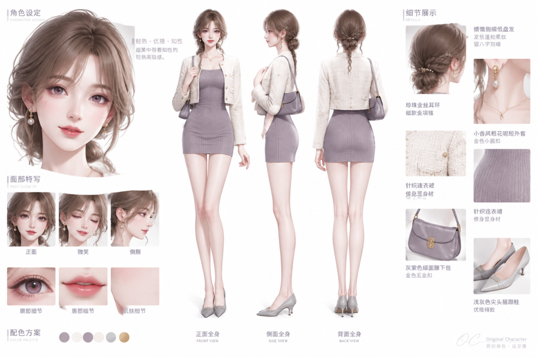 藕荷灰紫·下午茶款——轻熟女性OC角色设定三视图 效果图样例