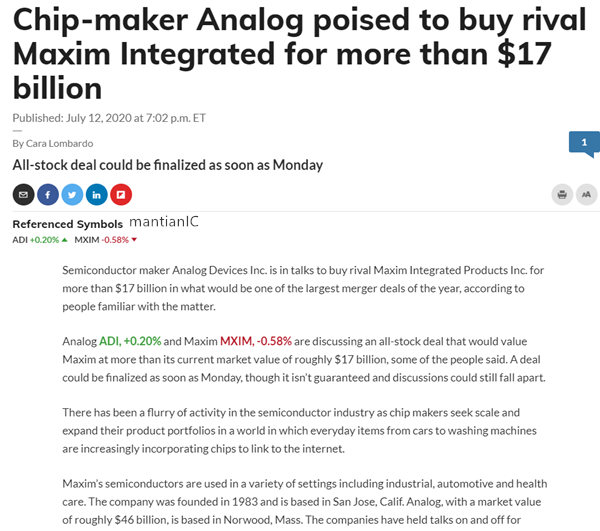重磅！ADI将以170亿美元收购Maxim