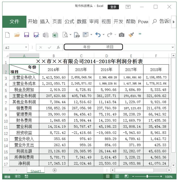 excel斜线表头一分为二_excel2019斜线表头_excel2016斜线表头