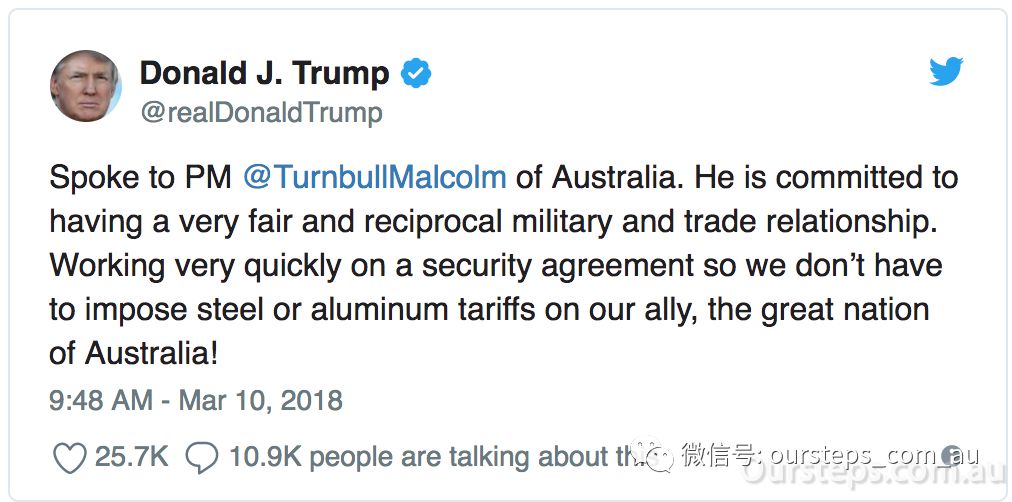 特朗普宣布美国将免征澳洲钢铝税