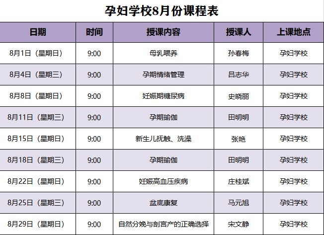 2021年8月孕妇学校课程表