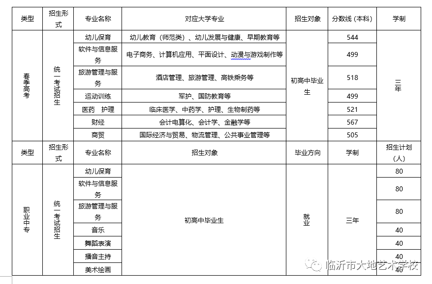 临沂市大地艺术学校专业有哪些