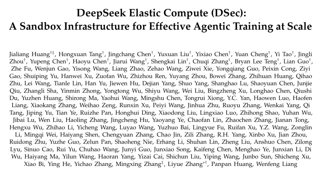DeepSeek DSec 论文首页：标题与完整作者名单，梁文锋列于最后一行