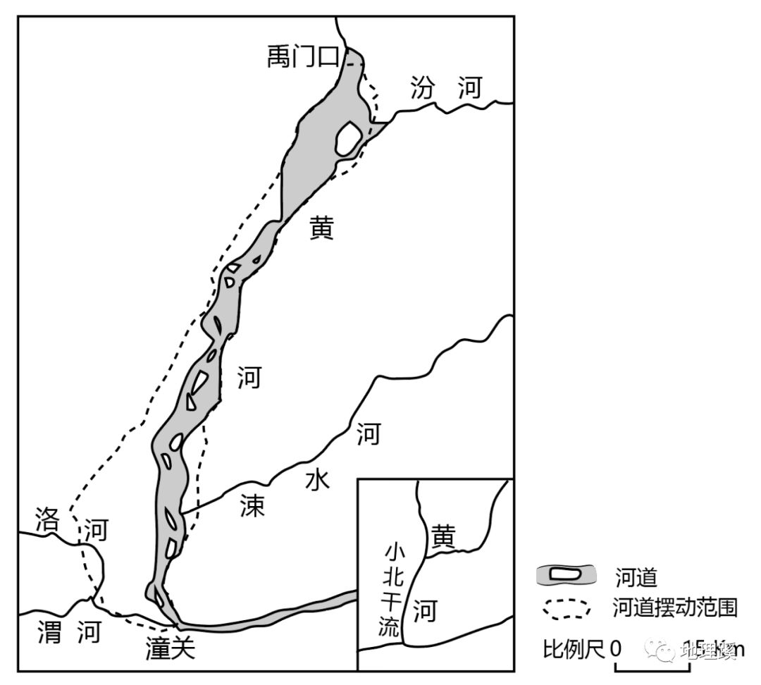 黄河小北干流为堆积性游荡河道,是因为该河段河流a.