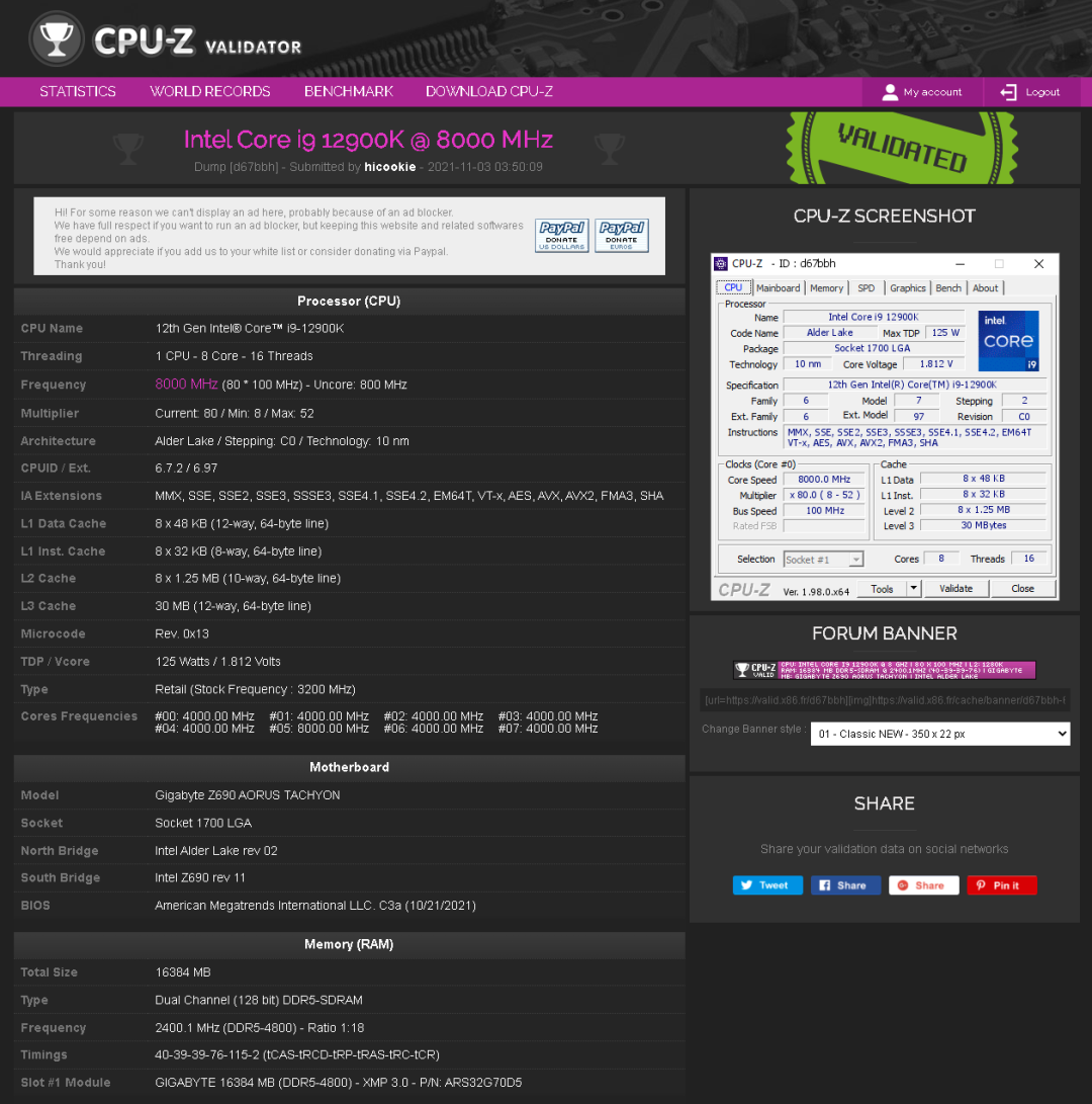 而在這個狀態下i9-12900k的16個核心全部開啟,cpu-z檢測顯示核心電壓