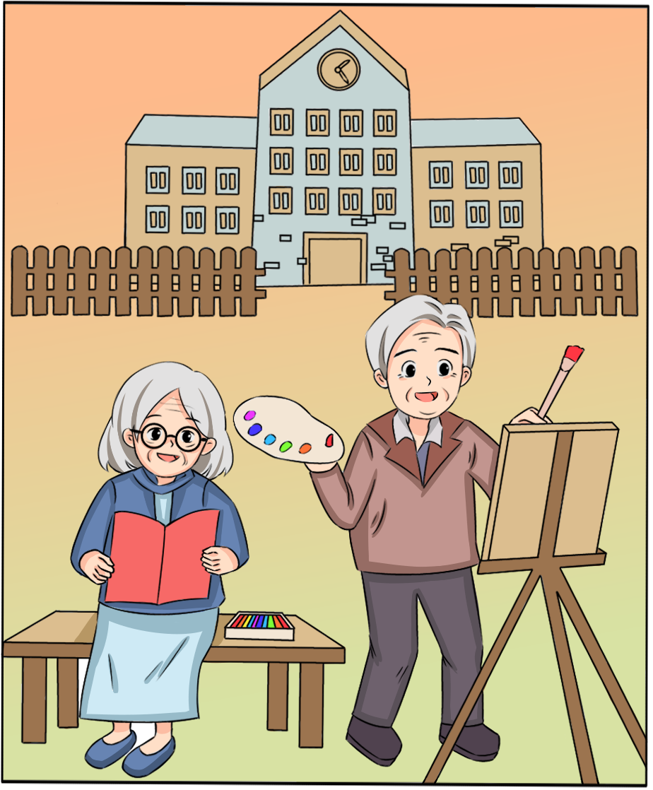 是老年大学!老两口背着书包,急急忙忙地出门.这是要去哪?