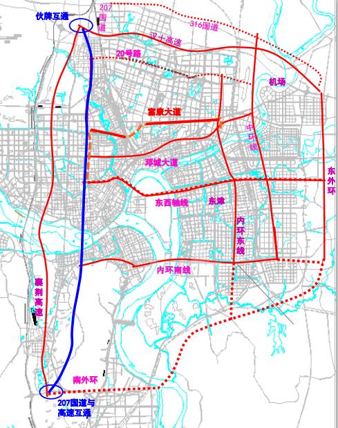 不襄陽繞城高速公路東段對接,不東津新區南北軸線相接,跨襄陽火電廠與