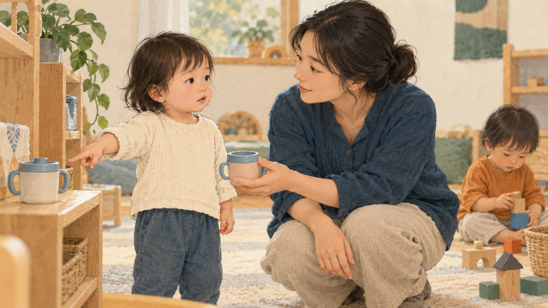 孩子用指向表达需要，教师蹲下观察并作出回应