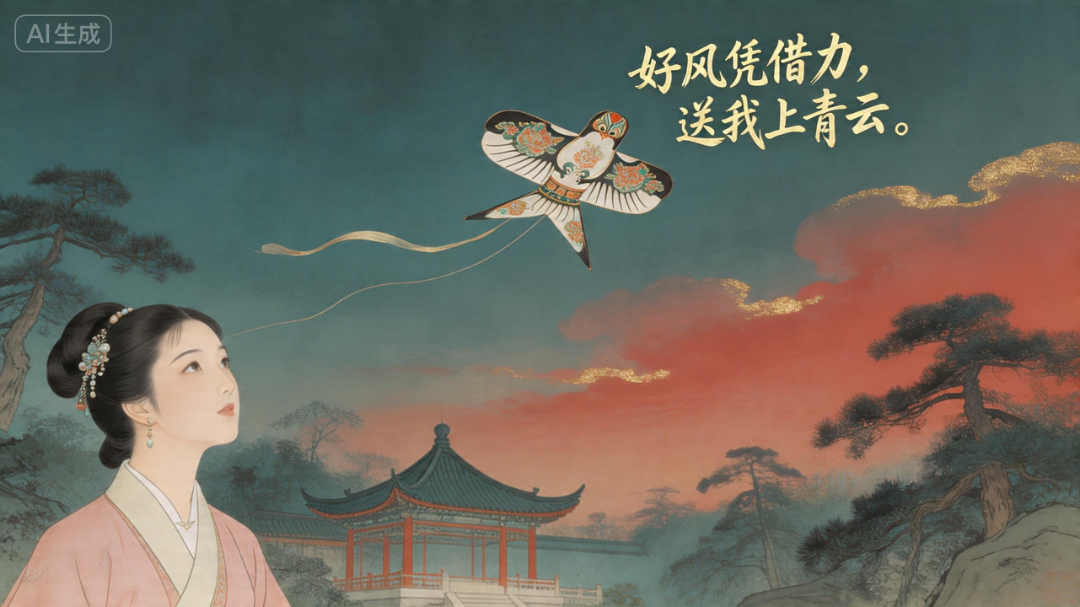 jimeng-2026-04-15-6086-古典文学插画，16_9，取材自《红楼梦》与薛宝钗诗句。画面中央是一只断线的风筝直....png