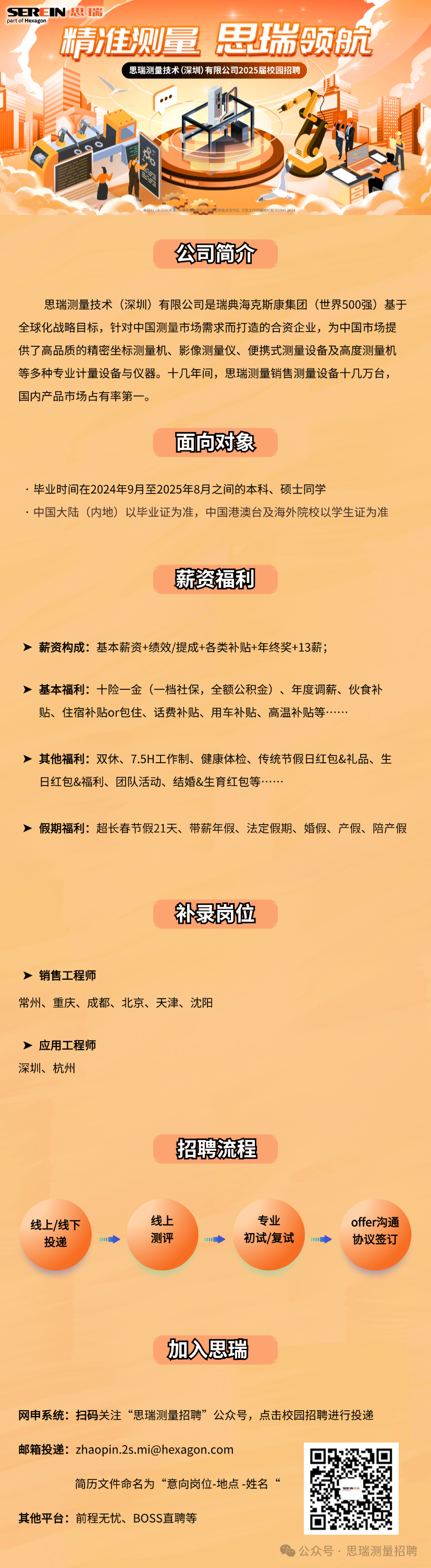 <p>SEREIN 思瑶</p> <p>精准测量思瑞领航<br/>思瑞测量技术(深圳)有限公司2025届校园招1</p> <p>公司简介</p> <p>思瑞测量技术(深圳)有限公司是瑞典海克斯康集团(世界500强)基于<br/>全球化战略目标，针对中国测量市场需求而打造的合资企业，为中国市场提<br/>供了高品质的精密坐标测量机、影像测量仪、便携式测量设备及高度测量机<br/>等多种专业计量设备与仪器。十几年间，思瑞测量销售测量设备十几万台，<br/>国内产品市场占有率第一。</p> <p>面向对象</p> <p>.毕业时间在2024年9月至2025年8月之间的本科、硕士同学</p> <p>.中国大陆(内地)以毕业证为准，中国港澳台及海外院校以学生证为准</p> <p>薪资福利</p> <p>薪资构成:基本薪资+绩效/提成+各类补贴+年终奖+13薪;</p> <p>基本福利:十险一金(一档社保，全额公积金)、年度调薪、伙食补<br/>贴、住宿补贴or包住、话费补贴、用车补贴、高温补贴等.....</p> <p>其他福利:双休、7.5H工作制、健康体检、传统节假日红包&礼品、生<br/>日红包&福利、团队活动、结婚&生育红包等.....</p> <p>假期福利:超长春节假21天、带薪年假、法定假期、婚假、产假、陪产假</p> <p>补录岗位</p> <p>销售工程师</p> <p>常州、重庆、成都、北京、天津、沈阳</p> <p>应用工程师<br/>深圳、杭州</p> <p>招聘流程</p> <p>线上/线下</p> <p>投递</p> <p>线上</p> <p>测评</p> <p>专业<br/>初试/复试</p> <p>offer沟通<br/>协议签订</p> <p>加入思瑞</p> <p>网申系统:扫码关注“思瑞测量招聘”公众号，点击校园招聘进行投递<br/>邮箱投递:zhaopin.2s.mi@hexagon.com</p> <p>简历文件命名为“意向岗位-地点-姓名‘</p> <p>其他平台:前程无忧、BOSS直聘等</p> <p>公众号·思瑞测量招聘</p>