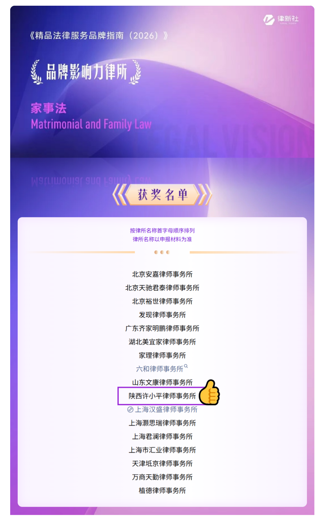 喜报 | 陕西许小平律师事务所荣膺律新社2026《律新指南》两项大奖！