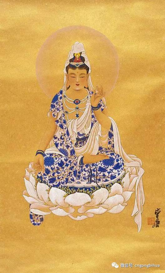 李唐工笔莲花观世音菩萨