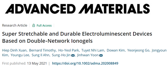《Advanced Materials》基于双网络离子凝胶的超伸缩和持久电致发光器件的图1