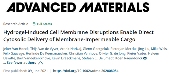 《先进材料》根特大学：阳离子水凝胶诱导的细胞膜破坏使膜不透物的直接胞质递送成为可能的图1