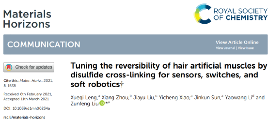 《Mater. Horiz.》南开大学刘遵峰:二硫键交联来调节传感器，开关和软机器人的头发人造肌肉的可逆性的图2