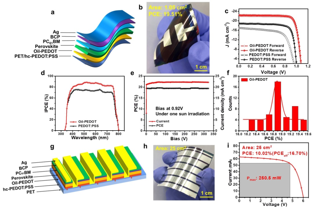 陈义旺/胡笑添课题组：非润湿导电高分子阳极界面层制备高性能柔性钙钛矿太阳电池的图4
