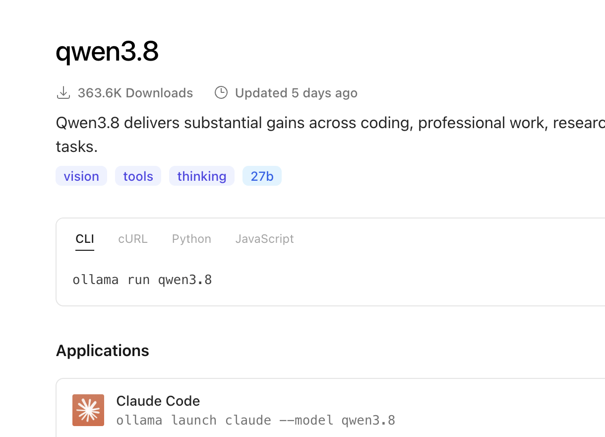 Ollama official model page, Applications list has Claude Code on the first line