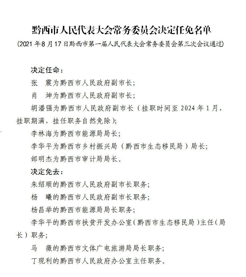 毕节黔西市任免5名副市长