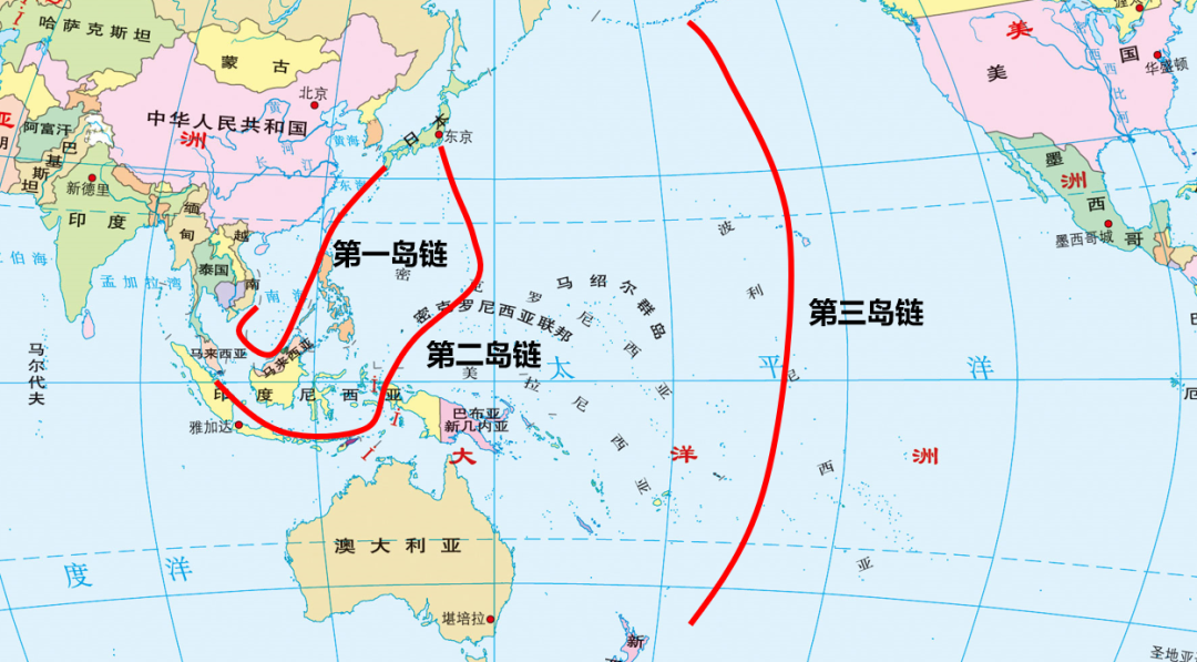 美国三大岛链示意图岛链是冷战时期东西方对抗的产物.
