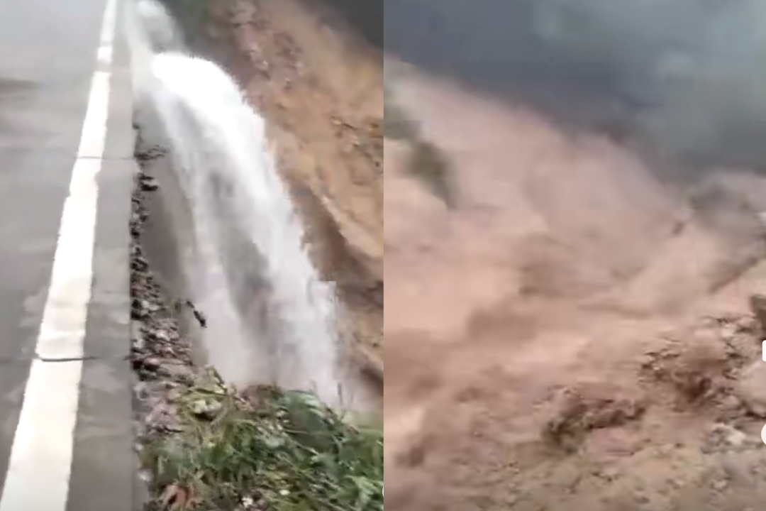 9月6日，广东省揭西县出现暴雨。附近道路已出现路基坍塌现象。图片来源广东天气