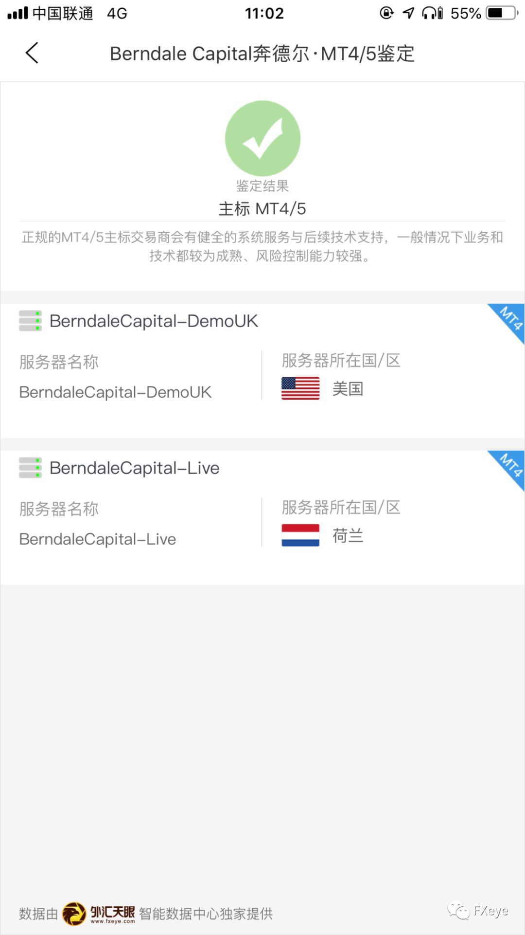 Screenshot of MT4/5 identification from FXEYE